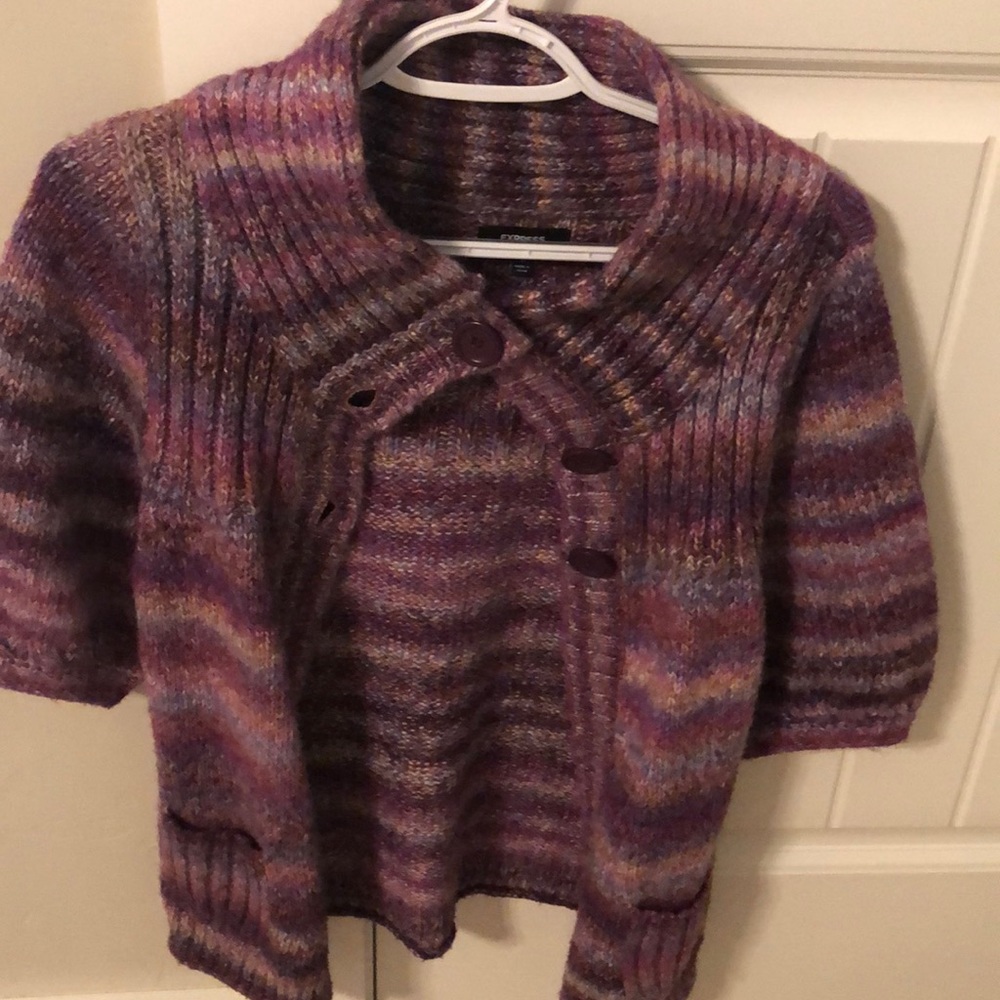 Striped knit purple short sleeve sweater